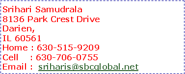 Text Box: Srihari Samudrala8136 Park Crest DriveDarien,IL 60561Home : 630-515-9209Cell    : 630-706-0755Email :  sriharis@sbcglobal.net